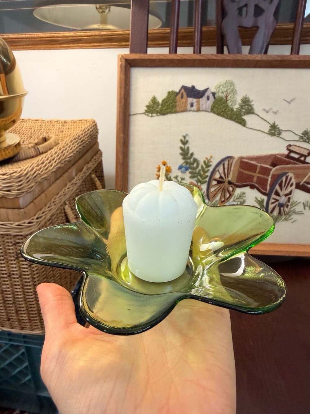 VTG Green Glass Flower Petal Candle Holder Trinket Dish Nature Fairycore Decor